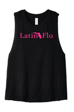 Load image into Gallery viewer, Crop Top Cotton Ladies Tank Black with Hot Pink Latin Flo Brand Logo
