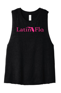 Crop Top Cotton Ladies Tank Black with Hot Pink Latin Flo Brand Logo