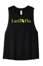 Load image into Gallery viewer, Crop Top Cotton Ladies Tank Black with Yellow Latin Flo Brand Logo
