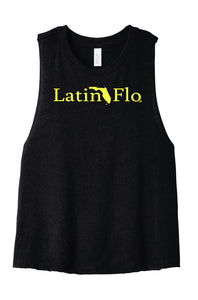 Crop Top Cotton Ladies Tank Black with Yellow Latin Flo Brand Logo