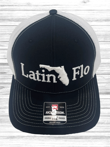 Black with White Mesh Trucker Cap Richardson with Latin Flo 3D Embroidery