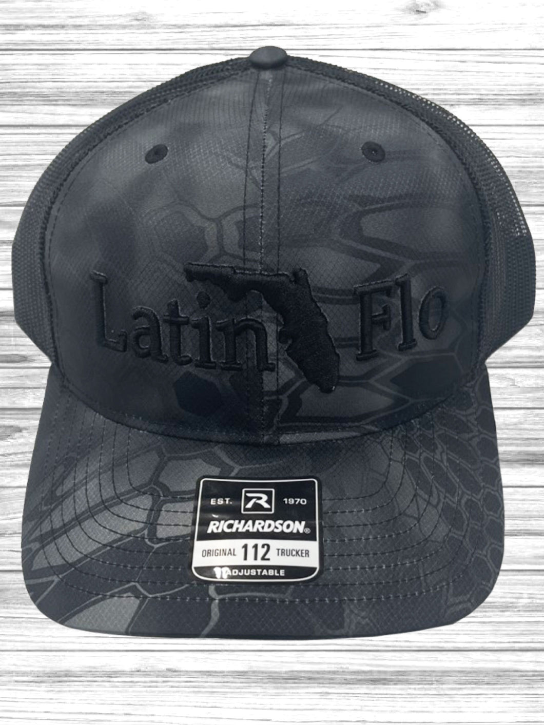 Black Richardson Trucker Cap with Black 3D Embroidery Latin Flo Logo