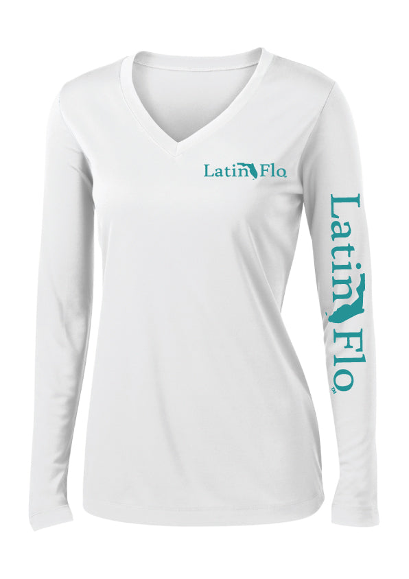 Ladies Classic White & Teal Logo Drifit