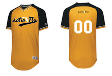 Load image into Gallery viewer, Gold and Black Drifit Baseball Jersey Latin Flo
